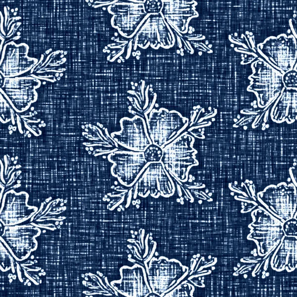 Acid wash blue jean effect texture with decorative linen floral motif background. Seamless denim textile fashion cloth fabric all over print.