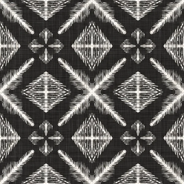 シームレスな黒の白い織物幾何学的なリネンのテクスチャ。2トーンモノクロパターンの背景。現代の織物効果。計算機の形のモチーフの繰り返し｜print. — ストック写真