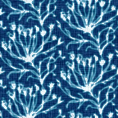 Siyanotipler mavi beyaz botanik keten dokusu. Moda modasının dışına çıkmış modaya uygun sahte fotografik çiçek desenli baskı efekti. Mono desenli çiçek, 2 tonlu. Yüksek çözünürlüklü tekrar taşı. 