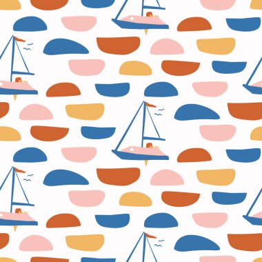 Soyut oyuncu renk biçimi şekil kalıbını keser. Baskıdaki retro çocuklar için kusursuz, modern, basit lino kesim tasarımı. Moda geometrik ev dekorasyonu, çocuk modası, vektör tekrarlı duvar kağıdı. 