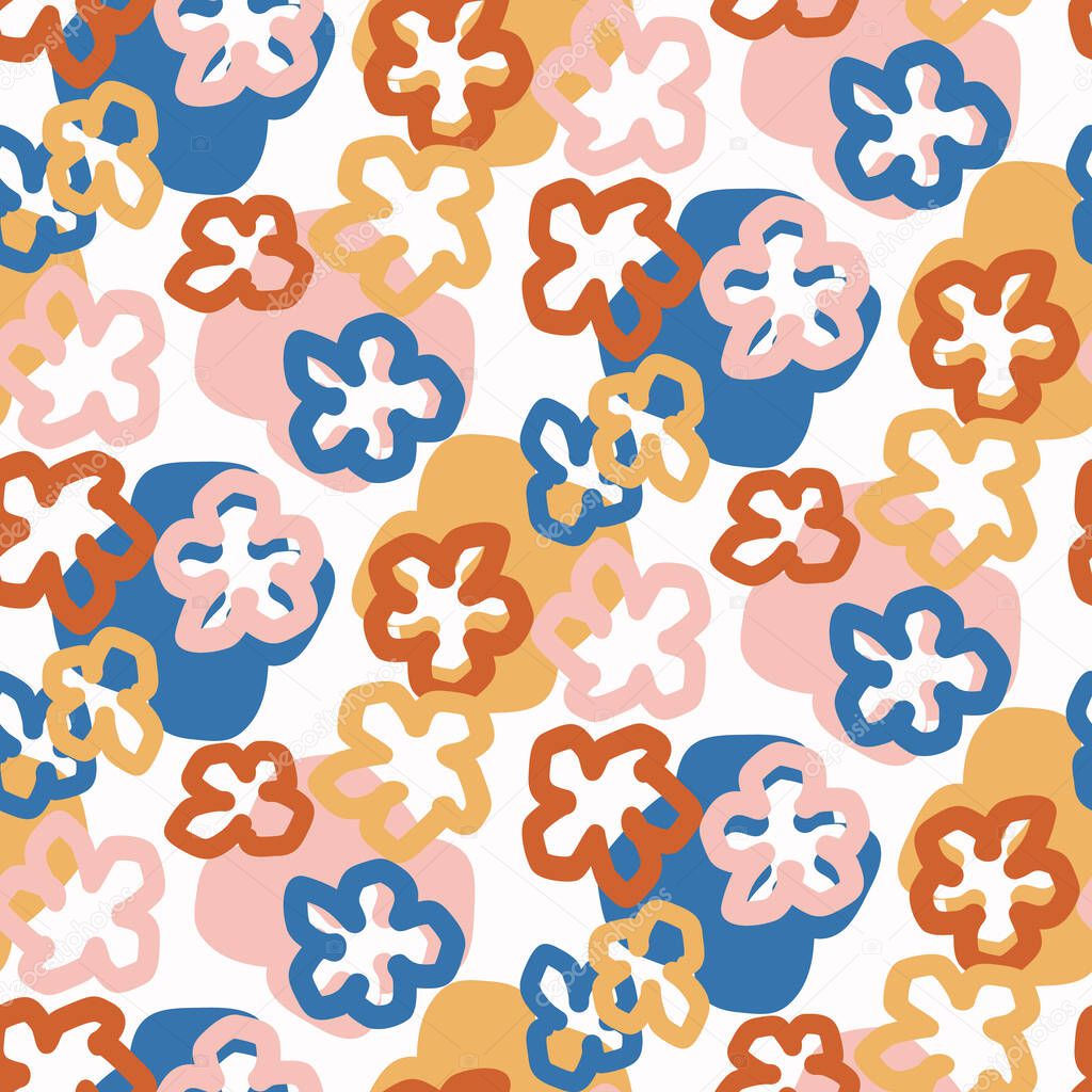 Abstract playful matisse style cut out flower shape pattern. Seamless modern floral collage style design for retro kids all over print. Trendy home decor, kid fashion, wallpaper in vector repeat.