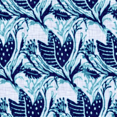 Siyanotipler mavi beyaz botanik keten dokusu. Moda modasının dışına çıkmış modaya uygun sahte fotografik çiçek desenli baskı efekti. Mono desenli çiçek, 2 tonlu. Yüksek çözünürlüklü tekrar taşı. 