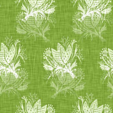 El yapımı çiçek motifli keten dokusu. Kaprisli bahçe pürüzsüz desen. Ev dekorasyonu için modern bahar karalama ürünleri. Her tarafı botanik tarama tarzı kırsal yeşil..