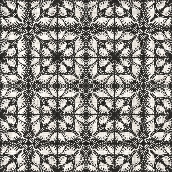 Tessuto bianco nero senza cuciture trama lino floreale. Sfondo bicolore modello monocromatico. Moderno effetto tessitura tessile. Motivo fiore maschile ripetizione stampa jpg. — Foto Stock