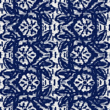  İndigo boyalı kumaş desenli çiçek deseni. Kusursuz tekstil kumaş boyası baskıya dayanıklıdır. Japon kimono bloğu baskısı. Yüksek çözünürlüklü batik etkisi tekrarlanabilir kumaş parçası. 
