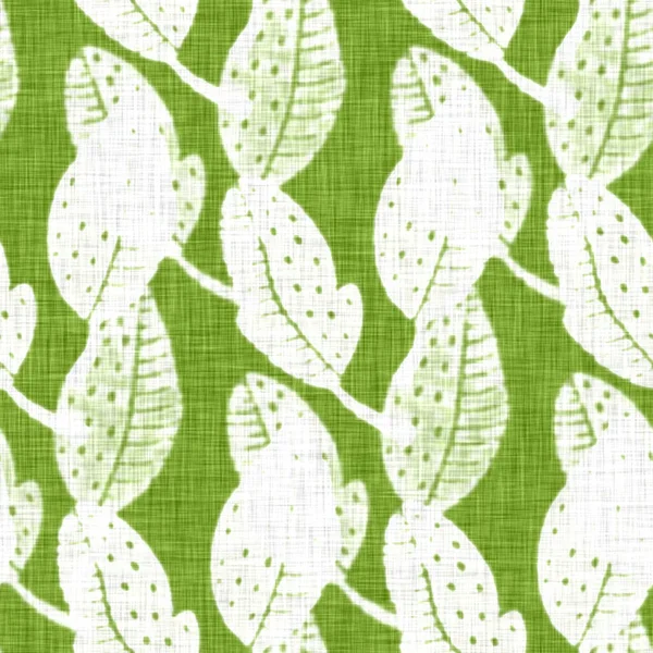 Handgezeichnete Blattmotiv Leinen Textur. Skurrile Garten nahtlose Muster. Modernes Spring Doodle Laub Natur Textil für Wohnkultur. Botanischer Scandi-Stil in rustikalem Grün. — Stockfoto