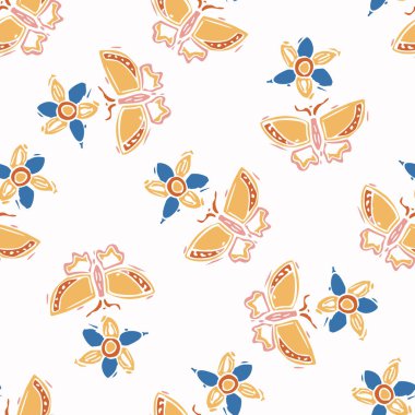 Soyut oyuncu renk biçimi kelebek şeklini keser. Baskıdaki retro çocuklar için kusursuz, modern, basit lino kesim tasarımı. Moda ev dekorasyonu, çocuk modası, vektör tekrarlı duvar kağıdı.