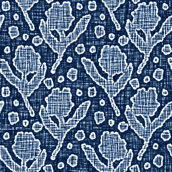 Laver à l'acide texture effet jean bleu avec fond motif floral lin décoratif. tissu de tissu de mode textile denim sans couture partout imprimer. — Photo