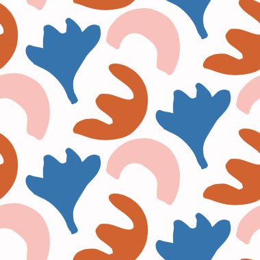 Soyut oyuncu renk biçimi şekil kalıbını keser. Baskıdaki retro çocuklar için kusursuz, modern, basit lino kesim tasarımı. Moda geometrik ev dekorasyonu, çocuk modası, vektör tekrarlı duvar kağıdı. 