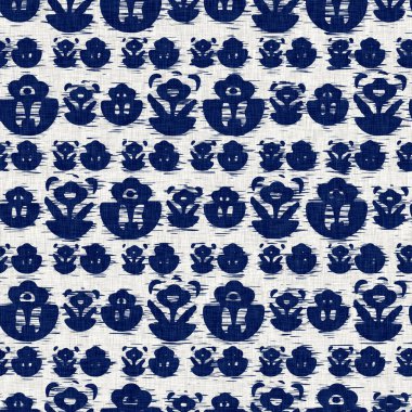 İndigo boyalı kumaş desenli çiçek deseni. Kusursuz tekstil kumaş boyası baskıya dayanıklıdır. Japon kimono bloğu baskısı. Yüksek çözünürlüklü batik etkisi tekrarlanabilir kumaş parçası. 