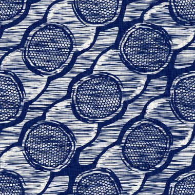 İndigo boyalı kumaş jeo şekil dokusu. Kusursuz tekstil kumaş boyası baskıya dayanıklıdır. Japon kimono bloğu baskısı. Yüksek çözünürlüklü batik etkisi 