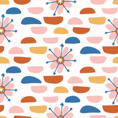 Soyut oyuncu renk biçimi şekil kalıbını keser. Baskıdaki retro çocuklar için kusursuz, modern, basit lino kesim tasarımı. Moda geometrik ev dekorasyonu, çocuk modası, vektör tekrarlı duvar kağıdı. 