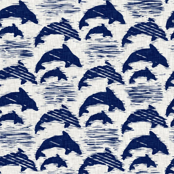 Indigo dyed fabric fish animal pattern texture. Seamless textile fashion cloth dye resist all over print. Japanese kimono block print. High resolution batik effect repeatable nature swatch. — Stock Photo, Image