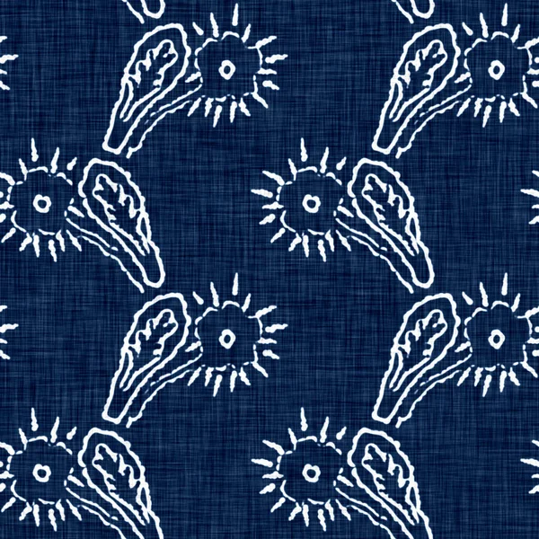 装飾的なリネンの花のモチーフの背景と酸洗浄青ジーンズ効果テクスチャ。ジームレスデニムのテキスタイルファッション生地｜print. — ストック写真