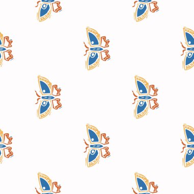 Soyut oyuncu renk biçimi kelebek şeklini keser. Baskıdaki retro çocuklar için kusursuz, modern, basit lino kesim tasarımı. Moda ev dekorasyonu, çocuk modası, vektör tekrarlı duvar kağıdı. 