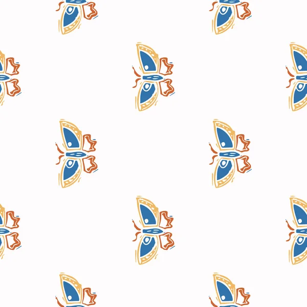 Soyut oyuncu renk biçimi kelebek şeklini keser. Baskıdaki retro çocuklar için kusursuz, modern, basit lino kesim tasarımı. Moda ev dekorasyonu, çocuk modası, vektör tekrarlı duvar kağıdı. 