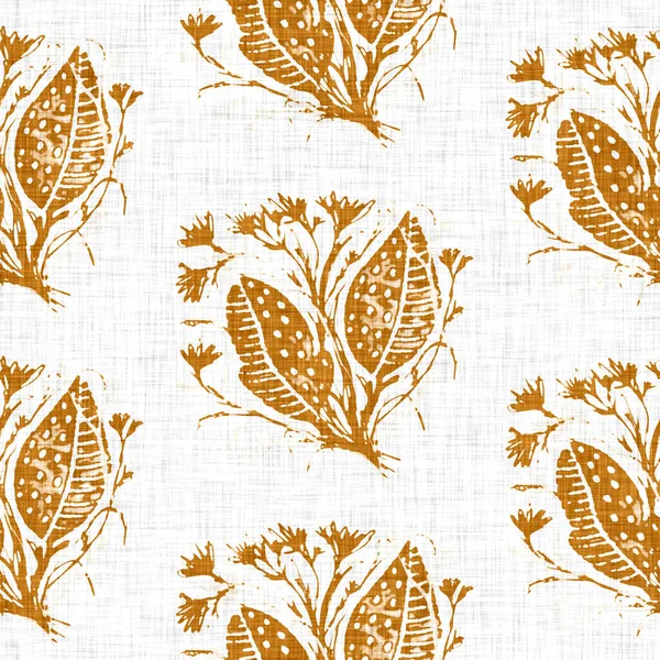 Handgetekende bloem motief linnen textuur. Grillige tuin naadloos patroon. Moderne lente doodle bloemen natuur textiel voor home decor. Botanische scandi stijl rustieke oranje overal print. — Stockfoto