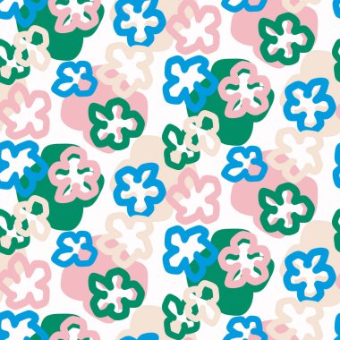 Şakacı, taze karalama çiçekli, kusursuz bir altyapısı var. Modern moda minimal retro stil motif modeli. Elle çizilmiş basit renkli tasarım beyaza izole edilmiş. Her yerde genç ve yaratıcı yazılar var.