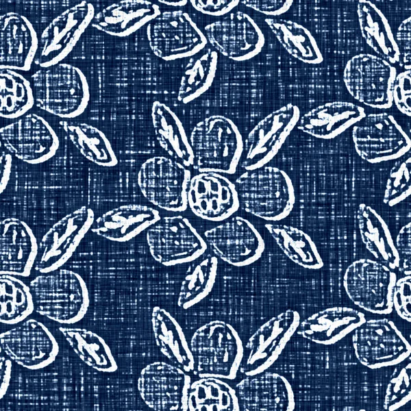 Acid wash blue jean effect texture with decorative linen floral motif background. Seamless denim textile fashion cloth fabric all over print. — Stock Photo, Image