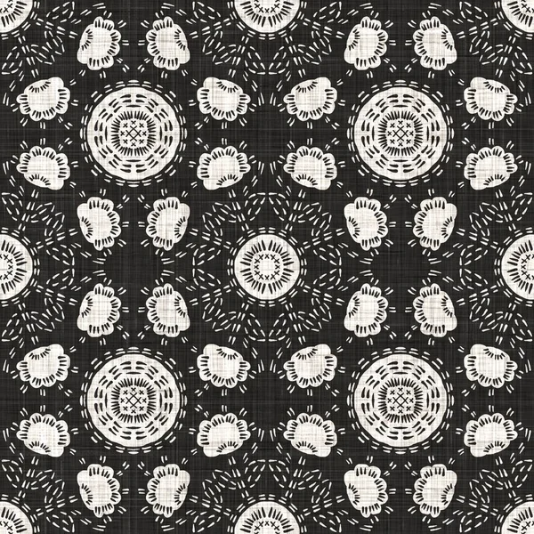Seamless black white woven cloth floral linen texture. Two tone monochrome pattern background. Modern textile weave effect. Masculine flower motif repeat jpg print. — Stock Photo, Image