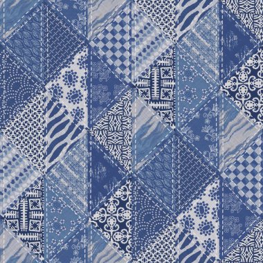 Denim Western mavi yamalı üçgen dokuması. İndigo vintage yıkama pamuk tekstil etkisi. Yamalı kot pantolon ev dekoru arka planı. Boho bandana yorgan dikme kumaş baskı malzemesi.