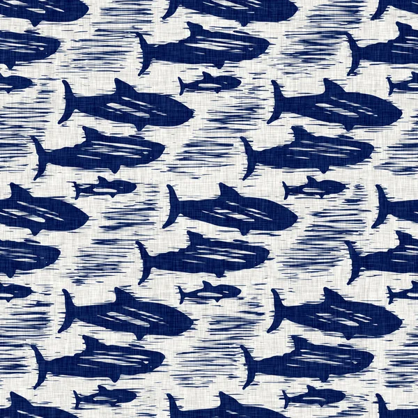 藍染めの布魚の柄の質感。シームレスなテキスタイルファッション布染料は、印刷全体に抵抗します。日本の着物ブロックプリント。高解像度バティック効果再現性のある自然ウォッチ. — ストック写真