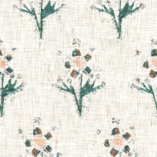 Textura de lino motivo flor gris dibujado a mano. Caprichoso jardín patrón sin costuras. Moderno doodle primavera textil de naturaleza floral para la decoración del hogar. Escándalo botánico estilo rústico eco crudo por todas partes print — Foto de Stock