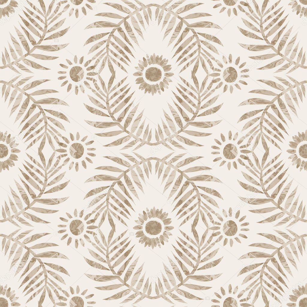 Sepia brown marble foliage seamless pattern. Subtle 2 tone leaf motif in simple textured matisse paper cut style. All over decorative print. Minimal beige ecru paper jpg swatch tile. 