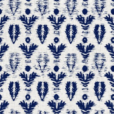 İndigo boyalı kumaş desenli çiçek deseni. Kusursuz tekstil kumaş boyası baskıya dayanıklıdır. Japon kimono bloğu baskısı. Yüksek çözünürlüklü batik etkisi tekrarlanabilir kumaş parçası. 