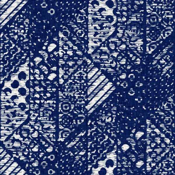 Indigóval festett szövet geo alakú minta textúra. Zökkenőmentes textil divat ruha festék ellenáll az egész nyomtatott. Japán kimonó blokk lenyomat. Nagy felbontású batik hatás — Stock Fotó