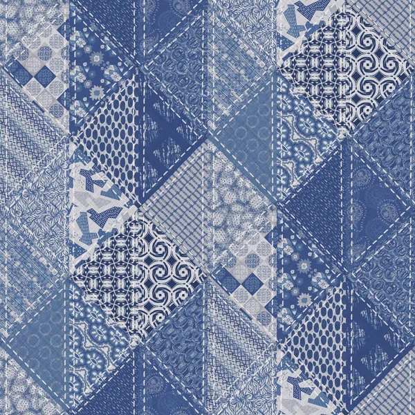 Denim azul occidental patchwork triángulo tejido textura. Indigo vintage lavado impreso efecto textil de algodón. Fondo de decoración del hogar jean parcheado. Boho bandana quilt stitch allover tela material de impresión. —  Fotos de Stock