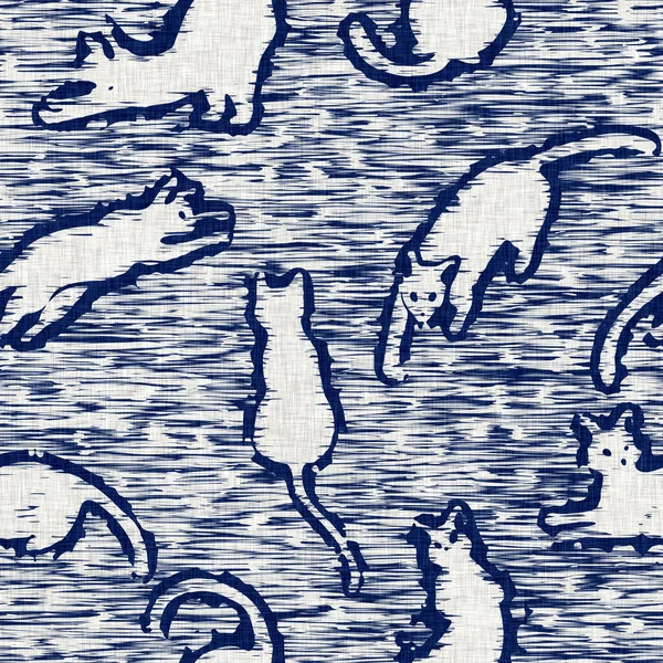 Indigo dyed fabric cat animal pattern texture. Seamless textile fashion cloth dye resist all over print. Japanese kimono block print. High resolution batik effect repeatable nature swatch. — Stock Photo, Image