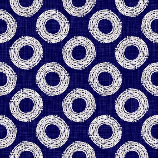 Seamless indigo circle texture. Blue woven boro cotton dyed effect background. Japan repeat batik resist pattern. Asian starry all over print