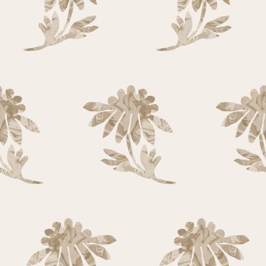 Sepia kahverengi mermer çiçeksiz desen. İnce 2 tonlu çiçek, basit desenli matisse kağıt kesim tarzıyla çiçek açar. Her tarafı dekoratif baskı. En az bej rengi ecru kağıt jpg kumaş parçası. 