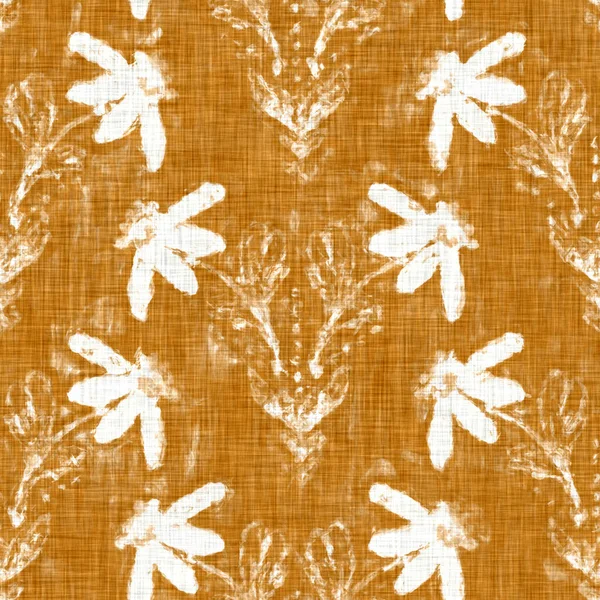 Hand drawn flower motif linen texture. Whimsical garden seamless pattern. Modern spring doodle floral nature textile for home decor. Botanical scandi style rustic orange all over print.