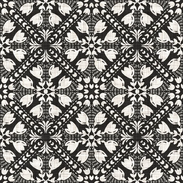 Tecido de tecido branco preto sem costura textura de linho floral. Dois tons de fundo padrão monocromático. Efeito de tecelagem têxtil moderno. masculino flor motivo repetir jpg impressão. — Fotografia de Stock