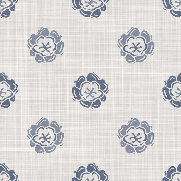Seamless french farmhouse flower linen printed fabric background. Provence blue gray pattern texture. Shabby chic style woven background. Textile rustic scandi all over print effect.