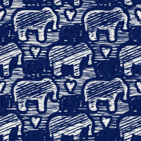 Indigo dyed fabric elephant animal pattern texture. Seamless textile fashion cloth dye resist all over print. Japanese kimono block print. High resolution batik effect repeatable nature swatch. — Stock Photo, Image