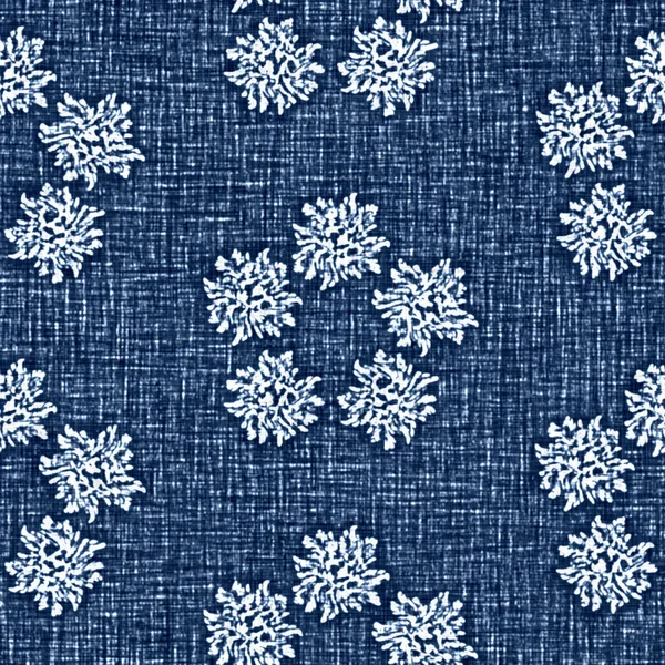 Acid Wash Blue Jean Effekt Textur mit dekorativen Leinen floralen Motiv Hintergrund. Nahtloser Denim-Textil-Modestoff über den gesamten Druck. — Stockfoto