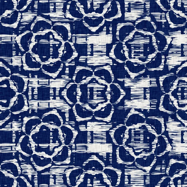 Indigo dyed fabric flower pattern texture. Seamless textile fashion cloth dye resist all over print. Japanese kimono block print. High resolution batik effect repeatable swatch. — Stock Photo, Image
