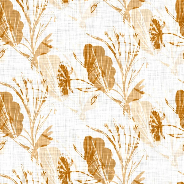 Hand drawn flower motif linen texture. Whimsical garden seamless pattern. Modern spring doodle floral nature textile for home decor. Botanical scandi style rustic orange all over print. — Stock Photo, Image