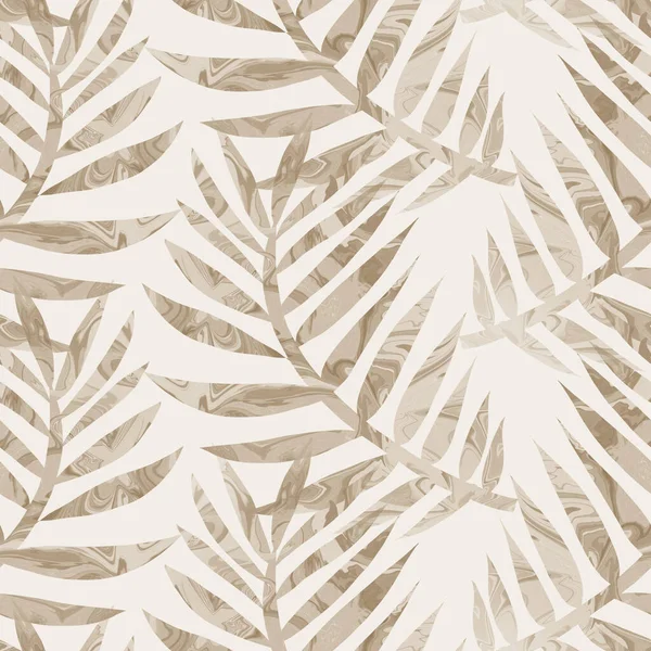 Sepia brun marmor blad sömlöst mönster. Subtila 2 ton blad motiv i enkel texturerad matisse papper stil snitt. Över hela dekorationstrycket. Minimal beige ecru papper jpg klase kakel. — Stockfoto