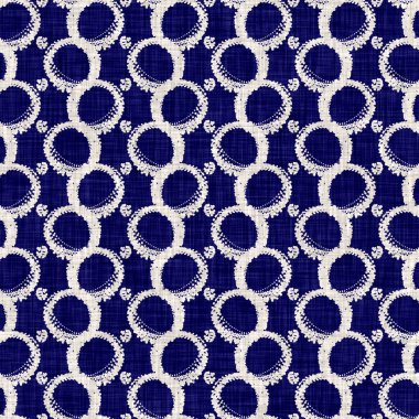 Kusursuz çivit çember dokusu. Mavi örülmüş boro pamuk boyalı efekt arka planı. Japonya Batik direncini tekrarlıyor. Her yerde Asya yıldızları var.