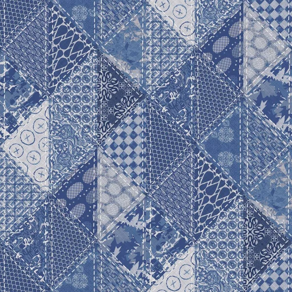 Denim azul occidental patchwork triángulo tejido textura. Indigo vintage lavado impreso efecto textil de algodón. Fondo de decoración del hogar jean parcheado. Boho bandana quilt stitch allover tela material de impresión. —  Fotos de Stock