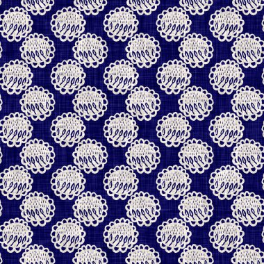 İndigo mavisi çiçek bloğu boyanmış keten desenli arka plan. Kusursuz örülmüş Japonlar batik kumaş örneklerini tekrarlıyorlar. Çiçeksel organik bulanık blok izleri tekstilin her yerinde.