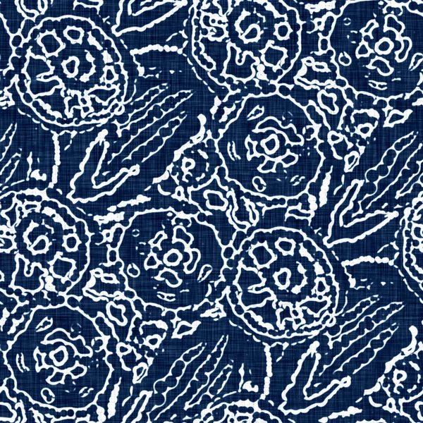 Acid wash blue jean effect texture with decorative linen floral motif background. Seamless denim textile fashion cloth fabric all over print.