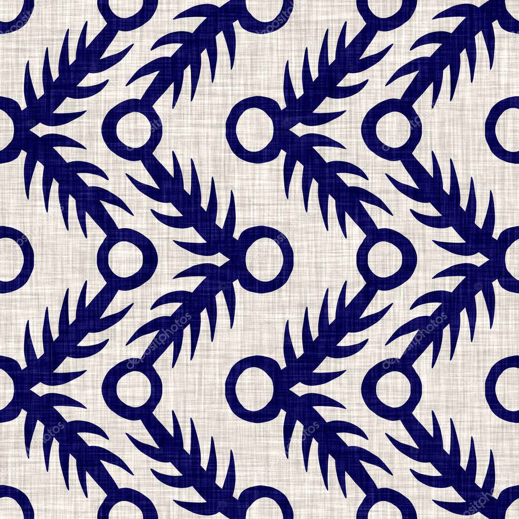 Seamless indigo circle texture. Blue woven boro cotton dyed effect background. Japan repeat batik resist pattern. Asian starry all over print