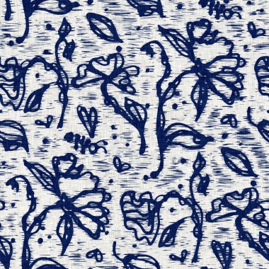 İndigo boyalı kumaş desenli çiçek deseni. Kusursuz tekstil kumaş boyası baskıya dayanıklıdır. Japon kimono bloğu baskısı. Yüksek çözünürlüklü batik etkisi tekrarlanabilir kumaş parçası. 