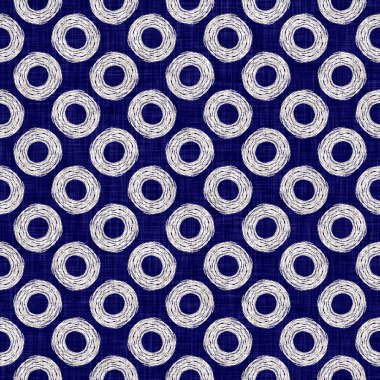 Kusursuz çivit çember dokusu. Mavi örülmüş boro pamuk boyalı efekt arka planı. Japonya Batik direncini tekrarlıyor. Her yerde Asya yıldızları var.