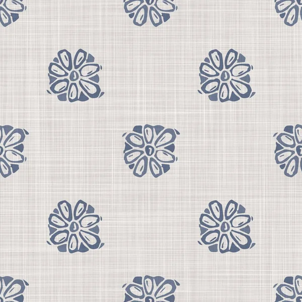 Seamless french farmhouse flower linen printed fabric background. Provence blue gray pattern texture. Shabby chic style woven background. Textile rustic scandi all over print effect.